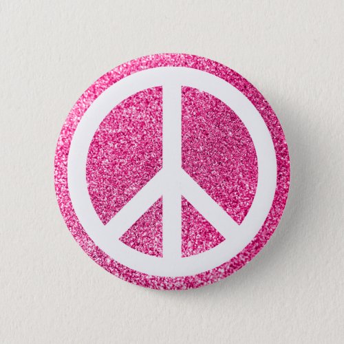 Pink Glitter and White Peace Symbol Button