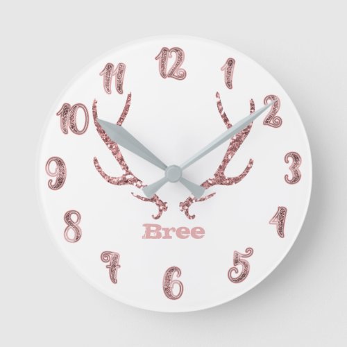 Pink Glitter Antlers Rose Gold Glam Personalized Round Clock