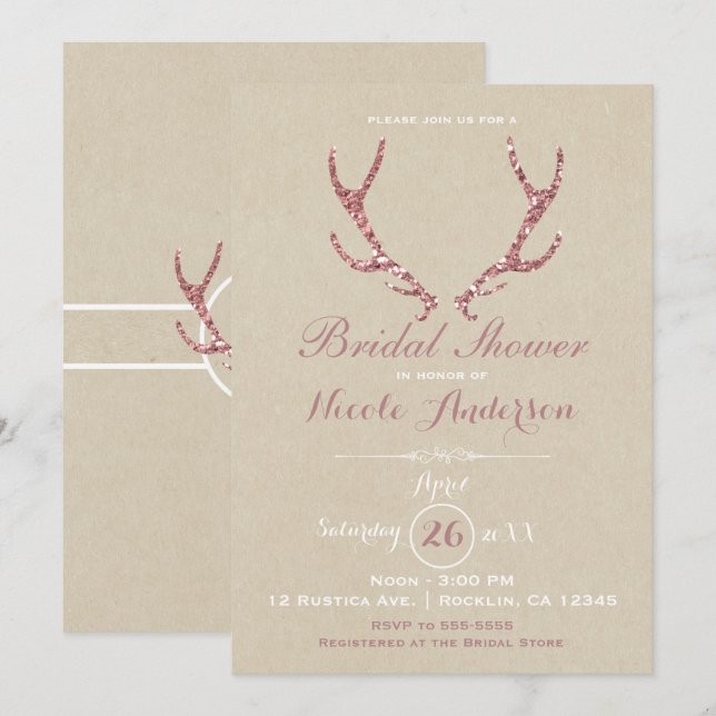 Pink Glitter Antlers Rustic Kraft Bridal Shower Invitation (Front/Back)