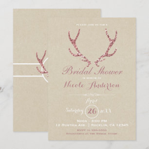 Pink Glitter Antlers Rustic Kraft Bridal Shower Invitation