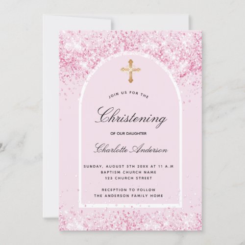 Pink glitter arch girl gold cross Christening Invitation