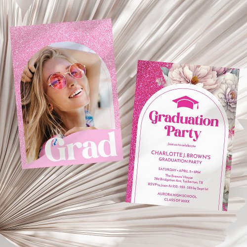 Pink Glitter Arch Photo Chic Graduation Party Invitation