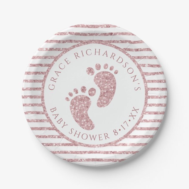 Pink Glitter Baby Feet Baby Shower Personalized  Paper Plates (Front)
