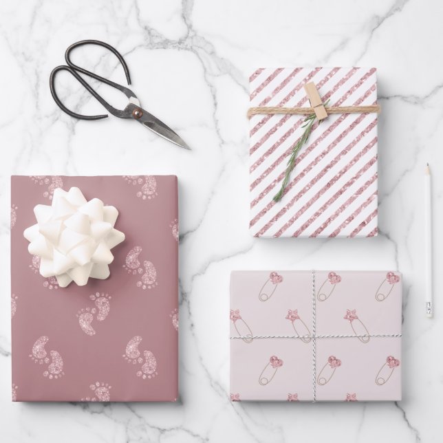 Pink Glitter Baby Feet Baby Shower Wrapping Paper  (Front)