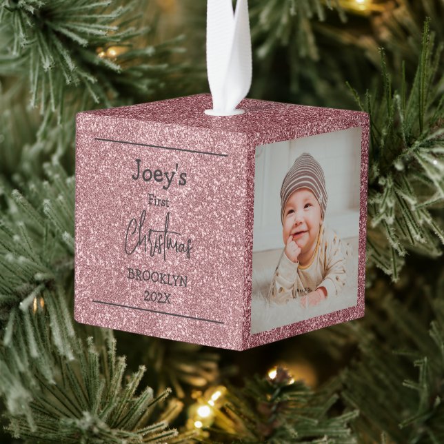 pink glitter baby first Christmas three Photo  Cube Ornament (Tree)