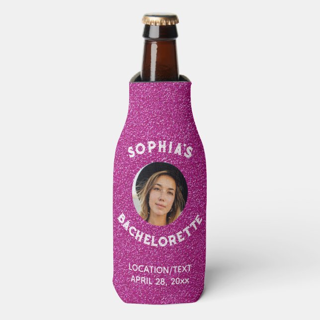 Pink Glitter Bacherolette Party Favor Bride Photo Bottle Cooler (Bottle Front)