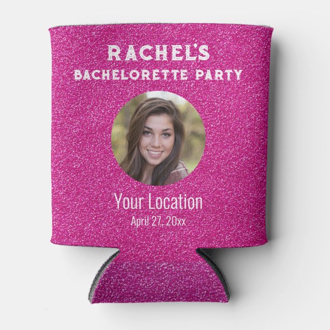 Pink Glitter Bacherolette Party Favor Bride Photo  Can Cooler (Front)