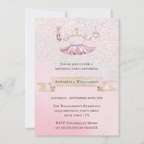 Pink Glitter Ballet Shoes  Tutu Birthday Party  Invitation