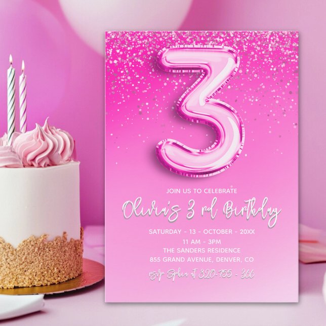 Pink Glitter Balloon 3rd Birthday for Girls Invitation (Creator Uploaded)