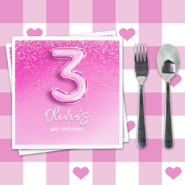 Pink Glitter Balloon 3rd Birthday Party for Girls Napkins (Creator Uploaded)