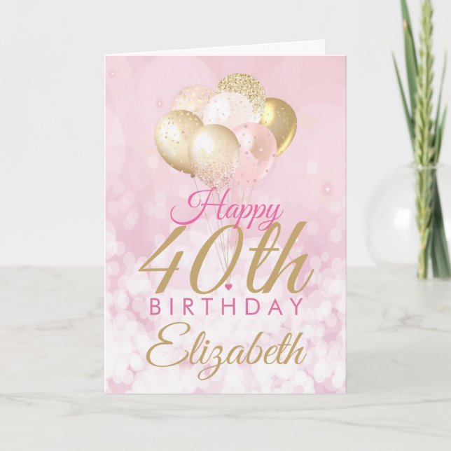 Pink Glitter Balloon 40th Birthday Glam Card (Front)