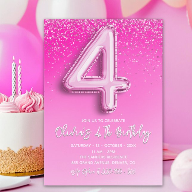 Pink Glitter Balloon 4th Birthday for Girls Invitation (Creator Uploaded)