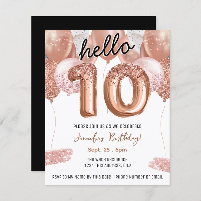 Pink Glitter Balloons 10th Birthday Party (Front/Back)