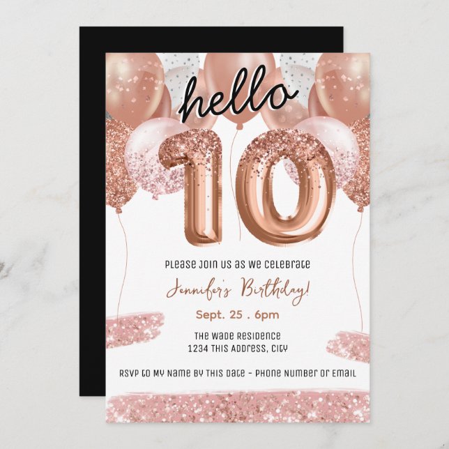Pink Glitter Balloons 10th Birthday Party Invitation (Front/Back)