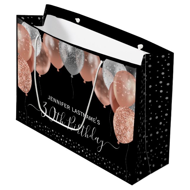 Pink Glitter Balloons 30th Birthday Party Large Gift Bag (Front Angled)