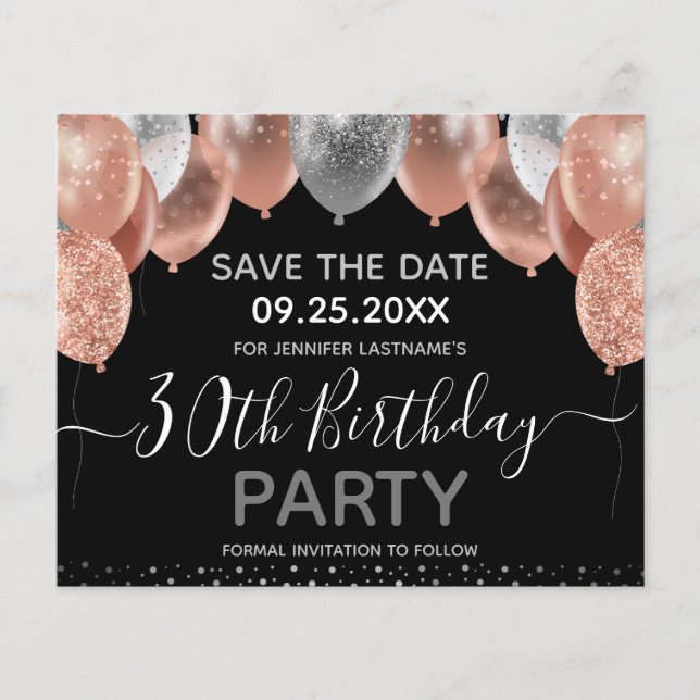 Pink Glitter Balloons 30th Birthday Save the Date (Front)