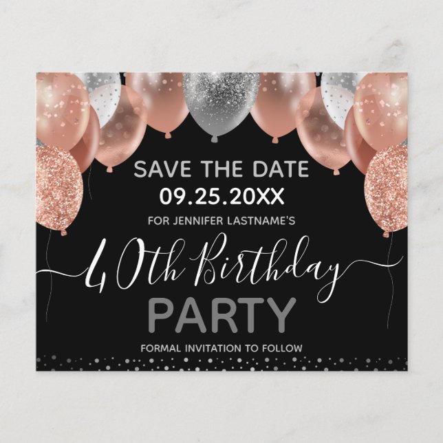 Pink Glitter Balloons 40th Birthday Save the Date (Front)