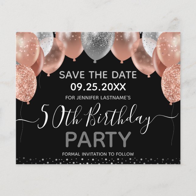 Pink Glitter Balloons 50th Birthday Save the Date (Front)