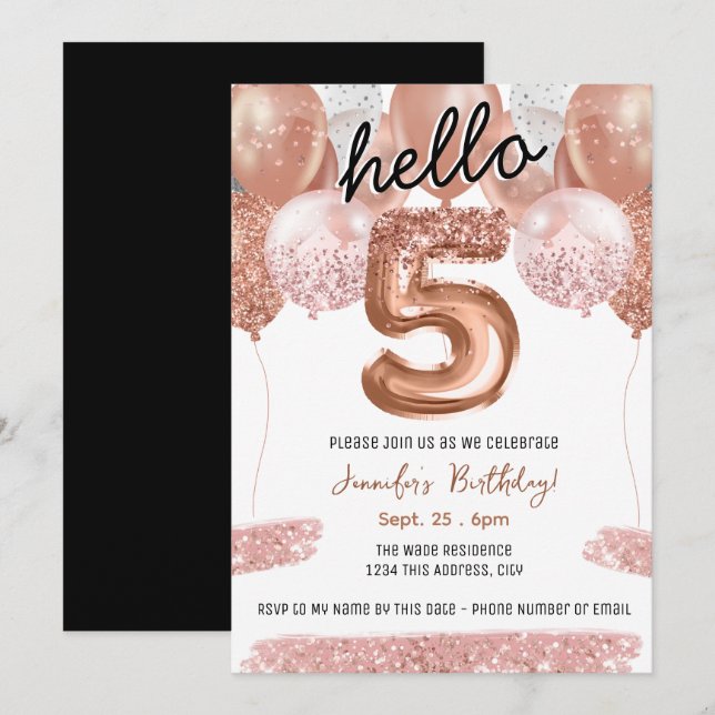 Pink Glitter Balloons 5th Birthday Party Invitation (Front/Back)