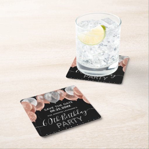 Pink Glitter Balloons 60th Birthday Save the Date Square Paper Coaster