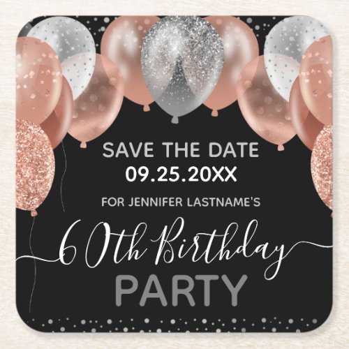 Pink Glitter Balloons 60th Birthday Save the Date Square Paper Coaster