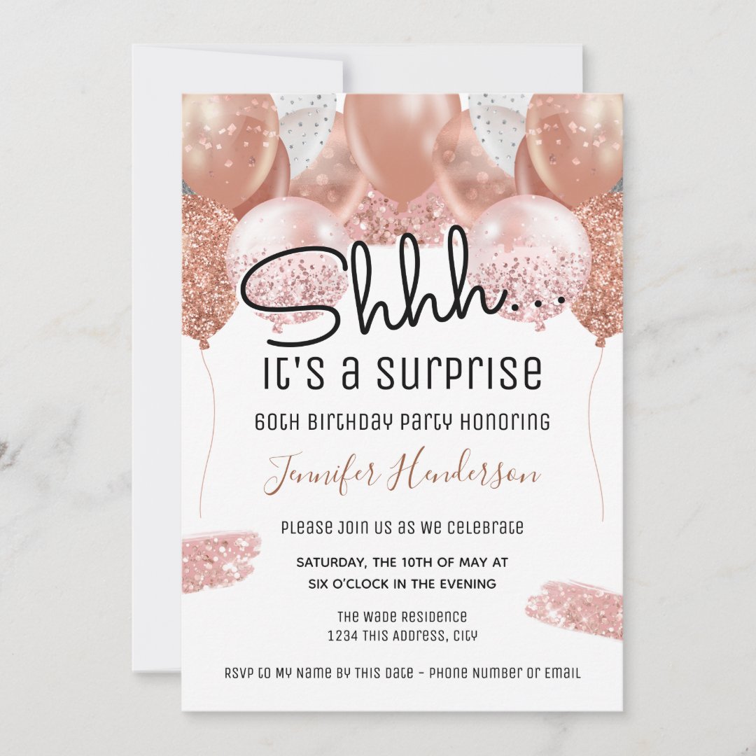 Pink Glitter Balloons 60th Surprise Birthday Party Invitation | Zazzle