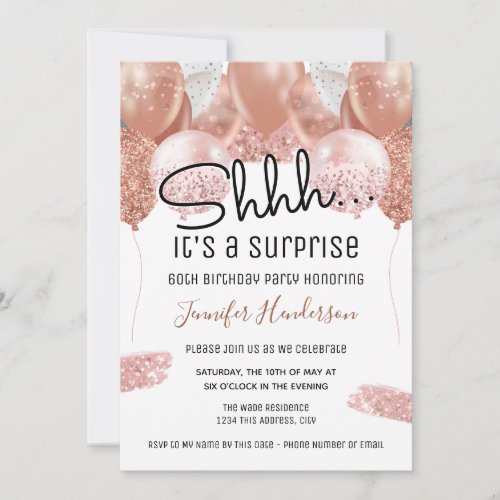 Pink Glitter Balloons 60th Surprise Birthday Party Invitation