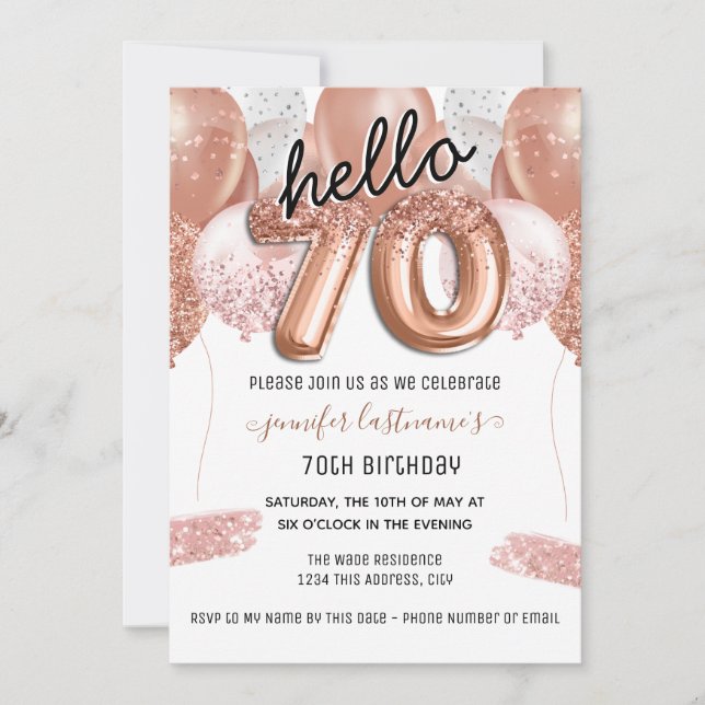 Pink Glitter Balloons 70th Birthday Party Invitation (Front)