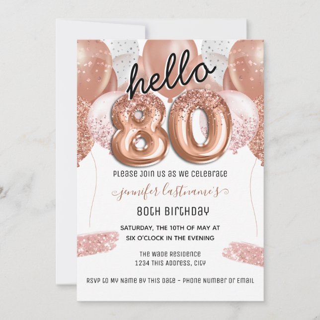 Pink Glitter Balloons 80th Birthday Party Invitation (Front)