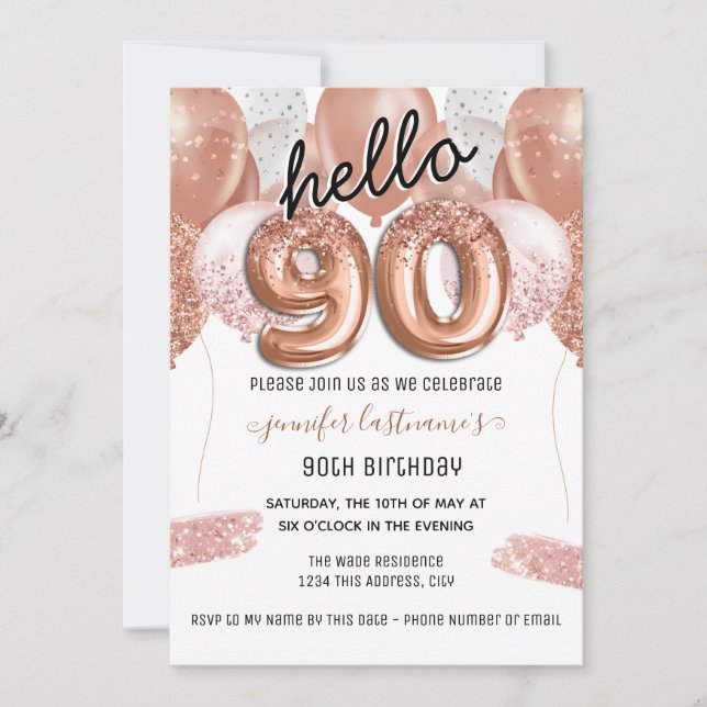 Pink Glitter Balloons 90th Birthday Party Invitation (Front)