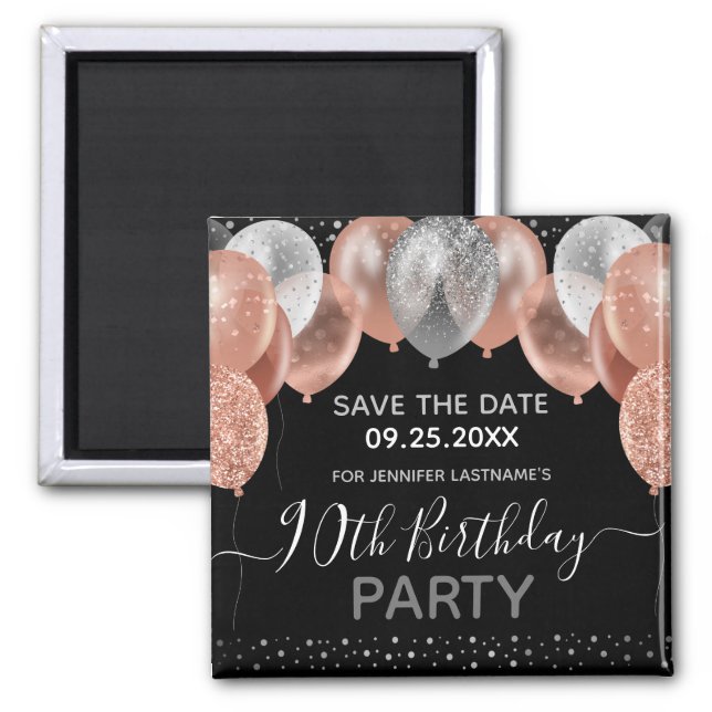 Pink Glitter Balloons 90th Birthday Save the Date Magnet (Front)