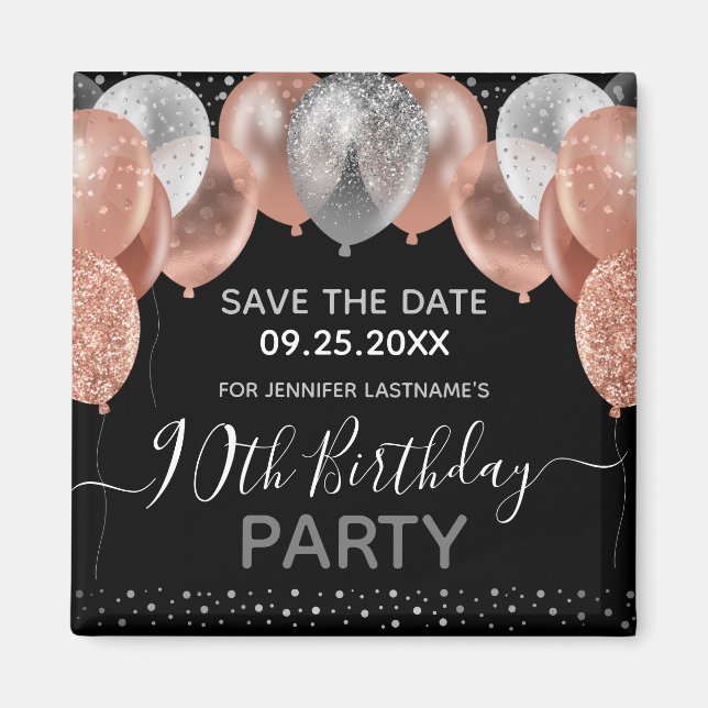 Pink Glitter Balloons 90th Birthday Save the Date Magnet (Front)