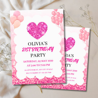 Pink Glitter & Balloons Birthday Party Invitation
