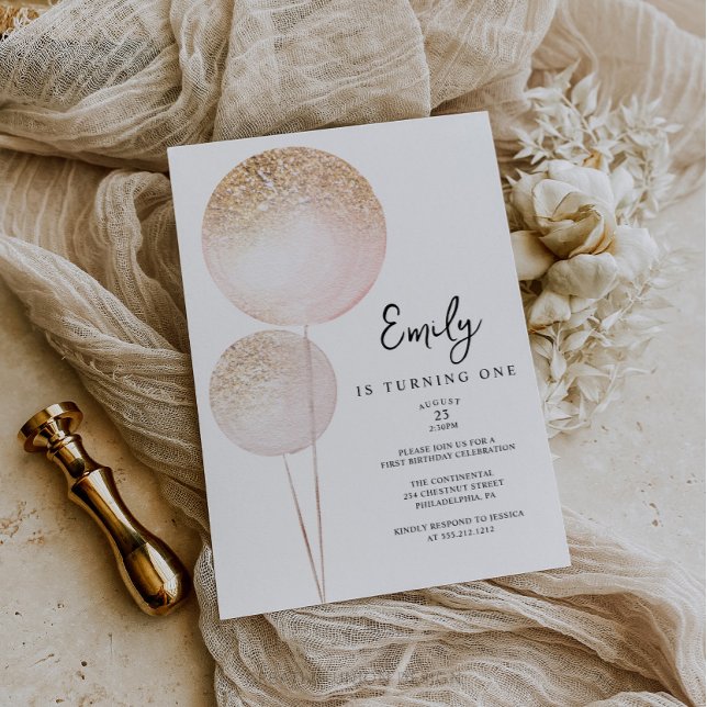 Pink Glitter Balloons Girl First Birthday Party Invitation (Minimal First Birthday)