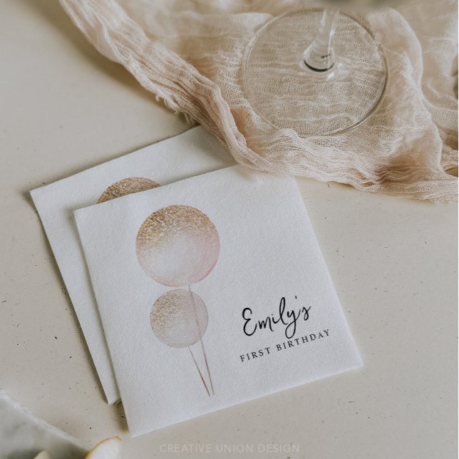 Pink Glitter Balloons Girl First Birthday Party Napkins (Minimal First Birthday)