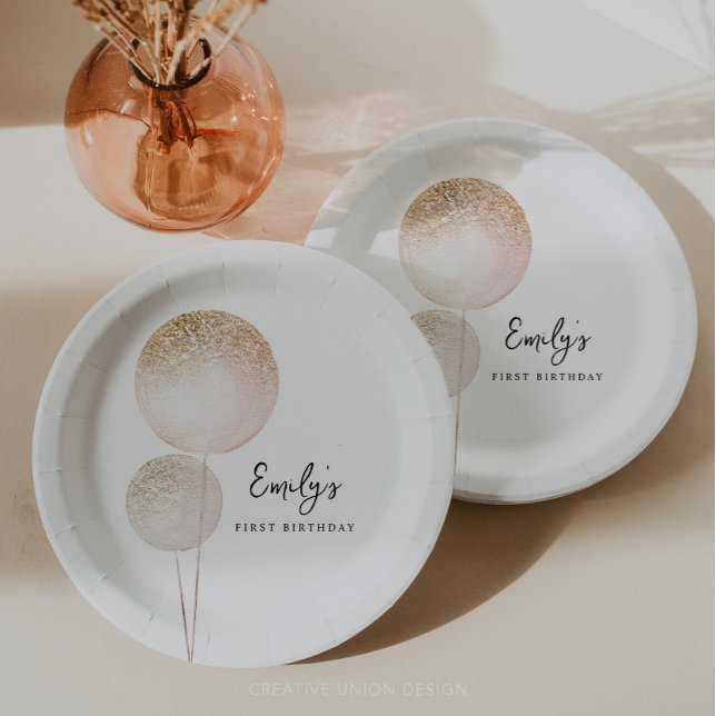 Pink Glitter Balloons Girl First Birthday Party Paper Plates (Minimal First Birthday)
