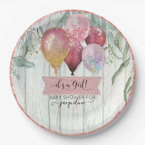 Pink Glitter Balloons Leaves Wood Baby Girl Shower Paper Plates