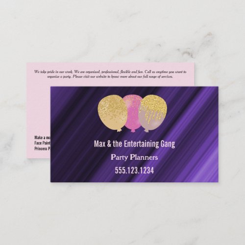 Pink Glitter Balloons Party Planner Business Card