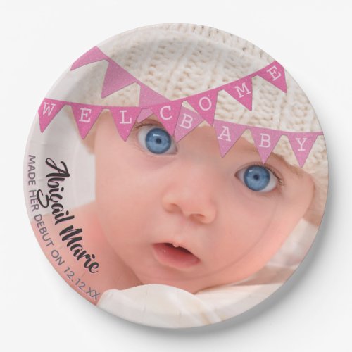 Pink Glitter Banners Welcome Baby Photo With Name Paper Plates