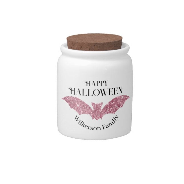 Pink Glitter Bat Happy Halloween Candy Jar (Front)