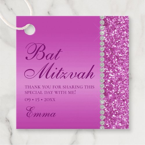 Pink Glitter Bat Mitzvah Favor Tags