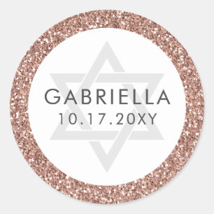Pink Glitter Bat Mitzvah Rose Gold Classic Round Sticker