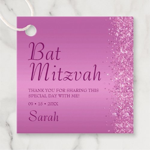 Pink Glitter Bat Mitzvah Thank You Favor Tags