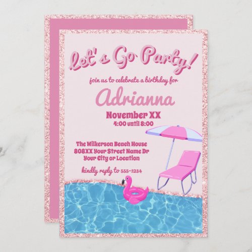 Pink Glitter Beach Party Invitation