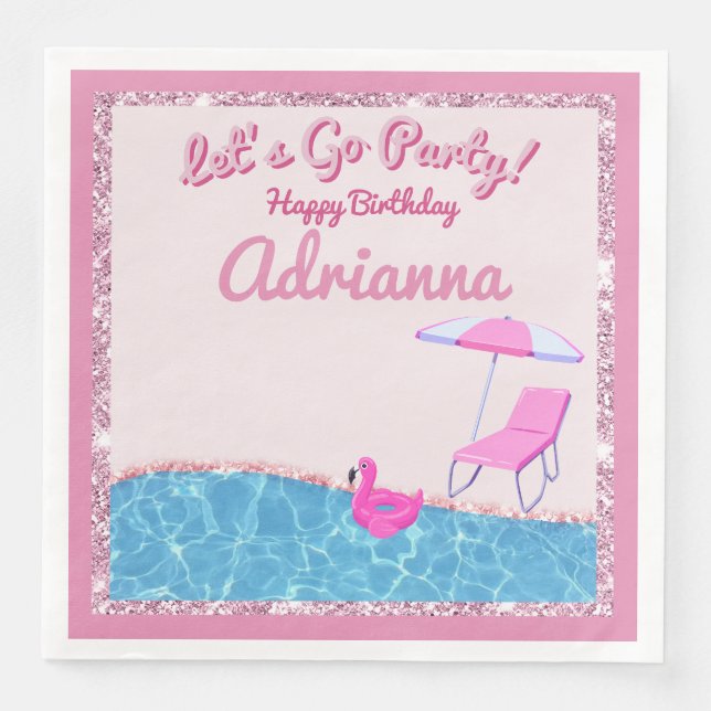 Pink Glitter Beach Party Paper Dinner Napkins (Front)