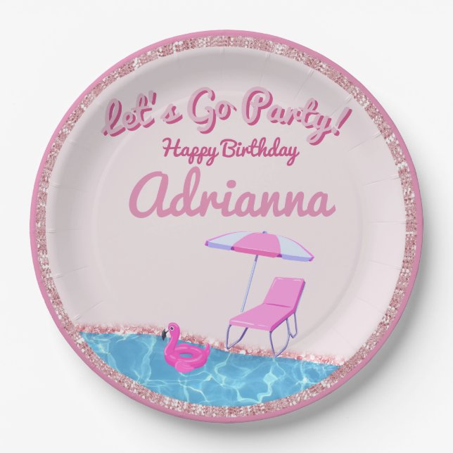 Pink Glitter Beach Party Paper Plates (Front)