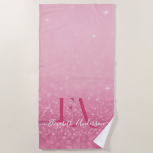 Pink Glitter Beach Towel with Name & Initials