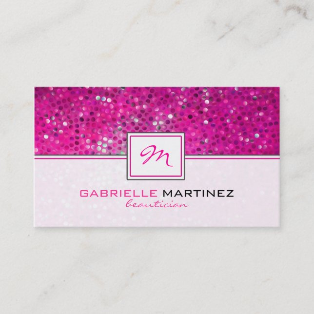 Pink Glitter Beautician Card Monogram (Front)