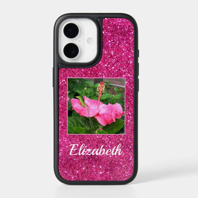 Pink Glitter Beautiful Floral Replaceable Photo Otterbox iPhone Case (Back)