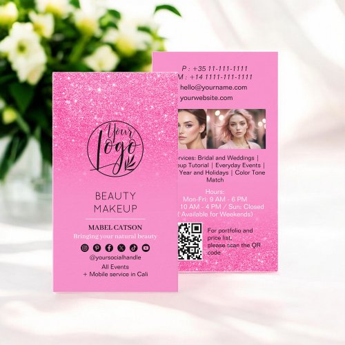 Pink glitter Beauty Makeup Artist Photos QR Code Business Card